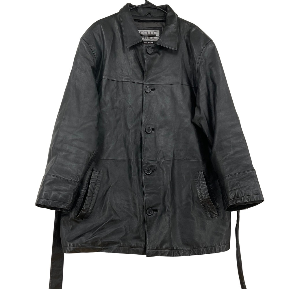 Vintage Wilsons Leather Jacket Mens XL Black Belted Car Coat Trench Mid Length
